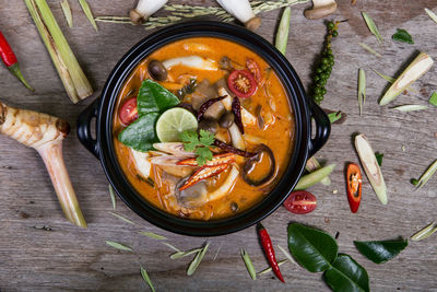 High angle view of soup in bowl on table