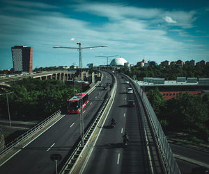 High angle view of highway in city against sky