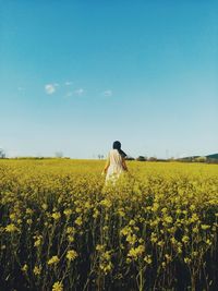 Rear view of person on field against yellow sky