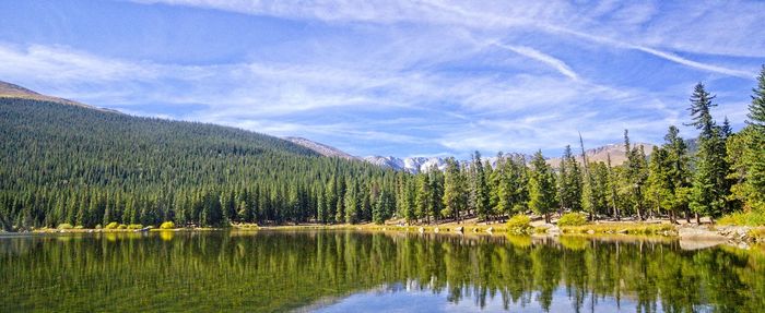 Scenic view of lake by trees against sky