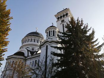 Low angle view of trees and church building against sky. 