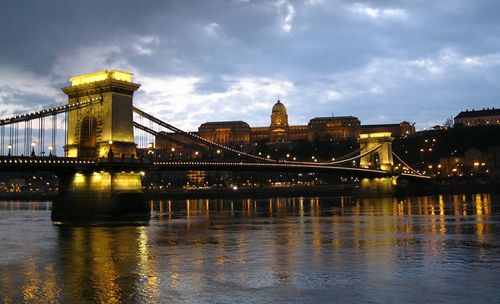 Bridge over river with city in background