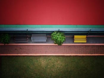 High angle view of plants and benches