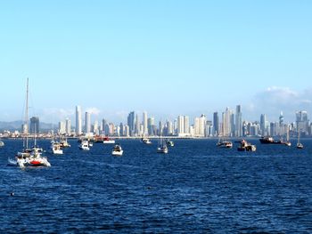 Sailboats in sea against modern buildings in city