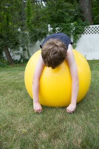 Rear view of boy in grass