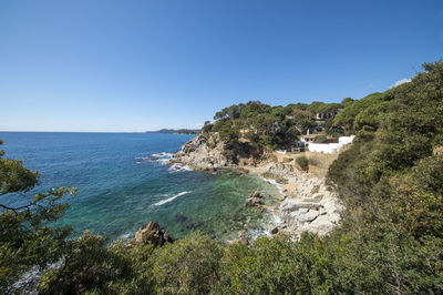 Scenic view of sea against clear blue sky