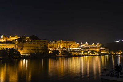 Reflection of illuminated buildings in river at night