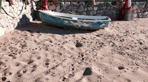 High angle view of boats moored on beach