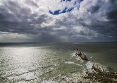 Scenic view of sea against storm clouds