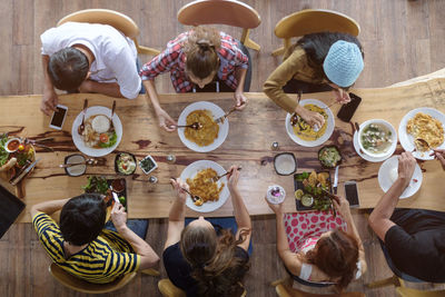 High angle view of people eating food