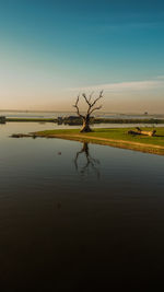 Scenic view of lake against sky during sunset