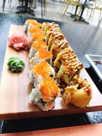 High angle view of sushi in plate on table