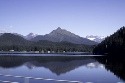 Scenic view of lake and mountains against clear blue sky