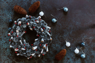 High angle view of christmas decoration on table