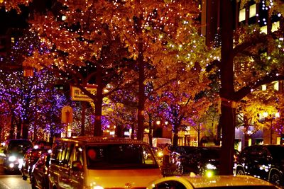 Cars on illuminated street at night