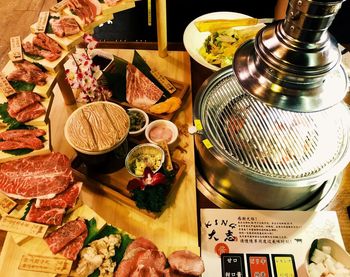 High angle view of various food on table