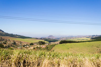 Scenic view of field by houses against sky