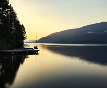 Scenic view of lake by silhouette mountain against sky