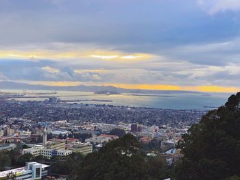 High angle view of townscape against sky during sunset