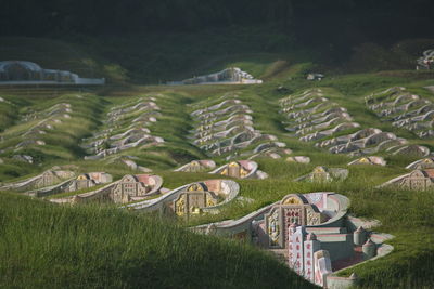 Chinese cemetery is located next to the mountains and pastures.
