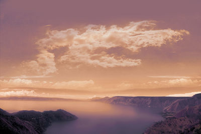 Scenic view of mountains against sky during sunset