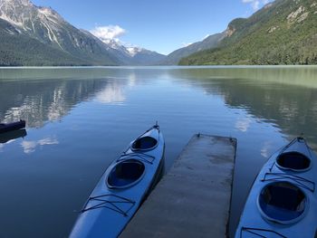 Scenic view of lake by mountains against sky