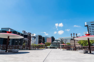 City street by buildings against blue sky