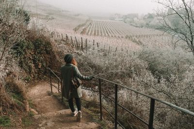 Rear view of woman walking on steps