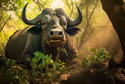 An african buffalo syncerus caffer eating herbs, in a green and fairy-like forest