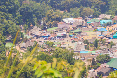 High angle view of houses and trees in town