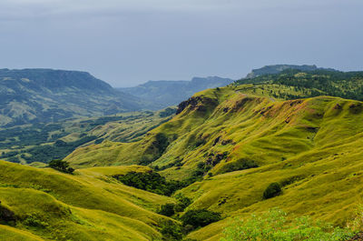 High angle view of green landscape against sky