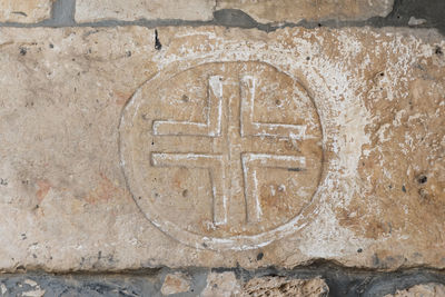 Close-up of text on stone wall