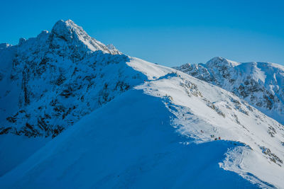 Close-up of frozen mountain against clear blue sky