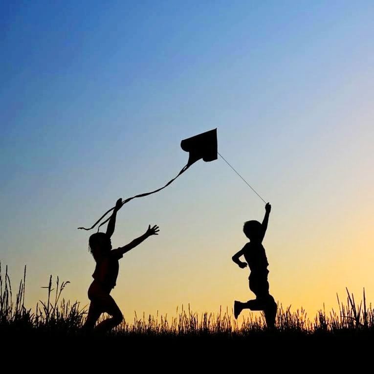 silhouette, real people, boys, togetherness, leisure activity, childhood, mid-air, two people, playing, lifestyles, outdoors, sunset, field, men, clear sky, full length, sport, sky, day, nature, people