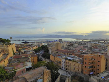 High angle view of buildings in city against sky