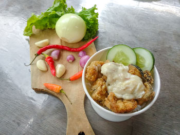 High angle view of breakfast served on table