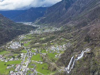 High angle view of trees and mountains against sky