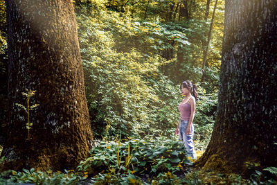 Man standing by tree trunk in forest