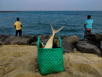 Rear view of men standing at beach against sky