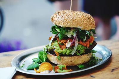 Close-up of burger on table