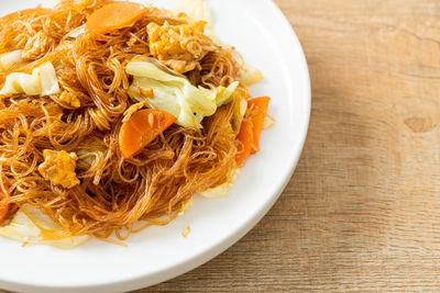 High angle view of food in plate on table