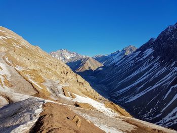 Scenic view of snowcapped mountains against clear blue sky