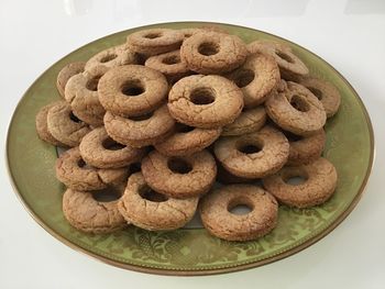 High angle view of cookies in plate