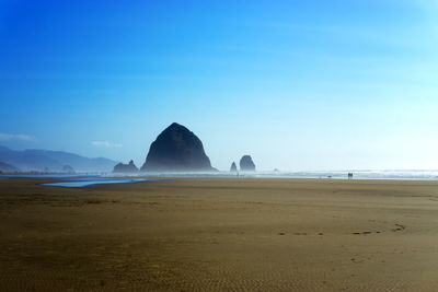 Scenic view of beach against clear blue sky