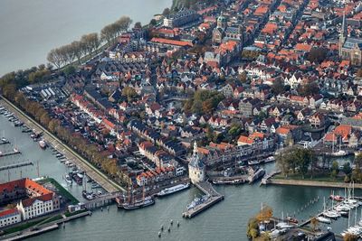 High angle view of city at river