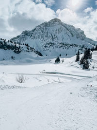 Scenic view of snowcapped mountains against sky