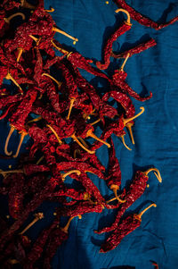 High angle view of red chili peppers