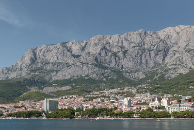 Scenic view of snowcapped mountains against clear sky