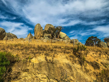 Rock formations on landscape against sky