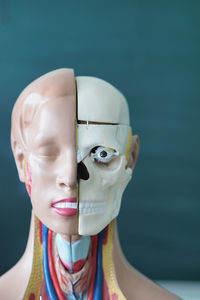 Close-up portrait of mannequin against white background